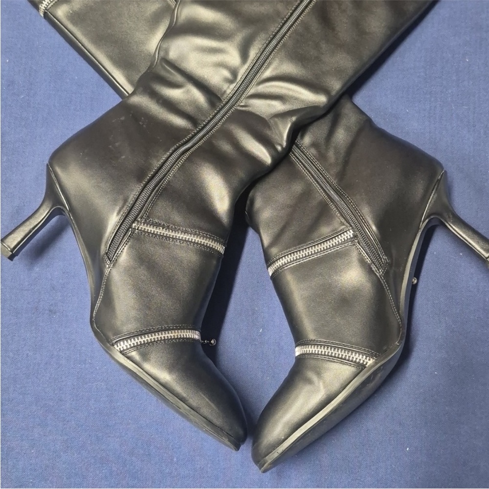 AIJIVOU Women's Stiletto Mid Calf Boots Solid Black Sexy Zip Detail High Heel - Picture 6 of 9